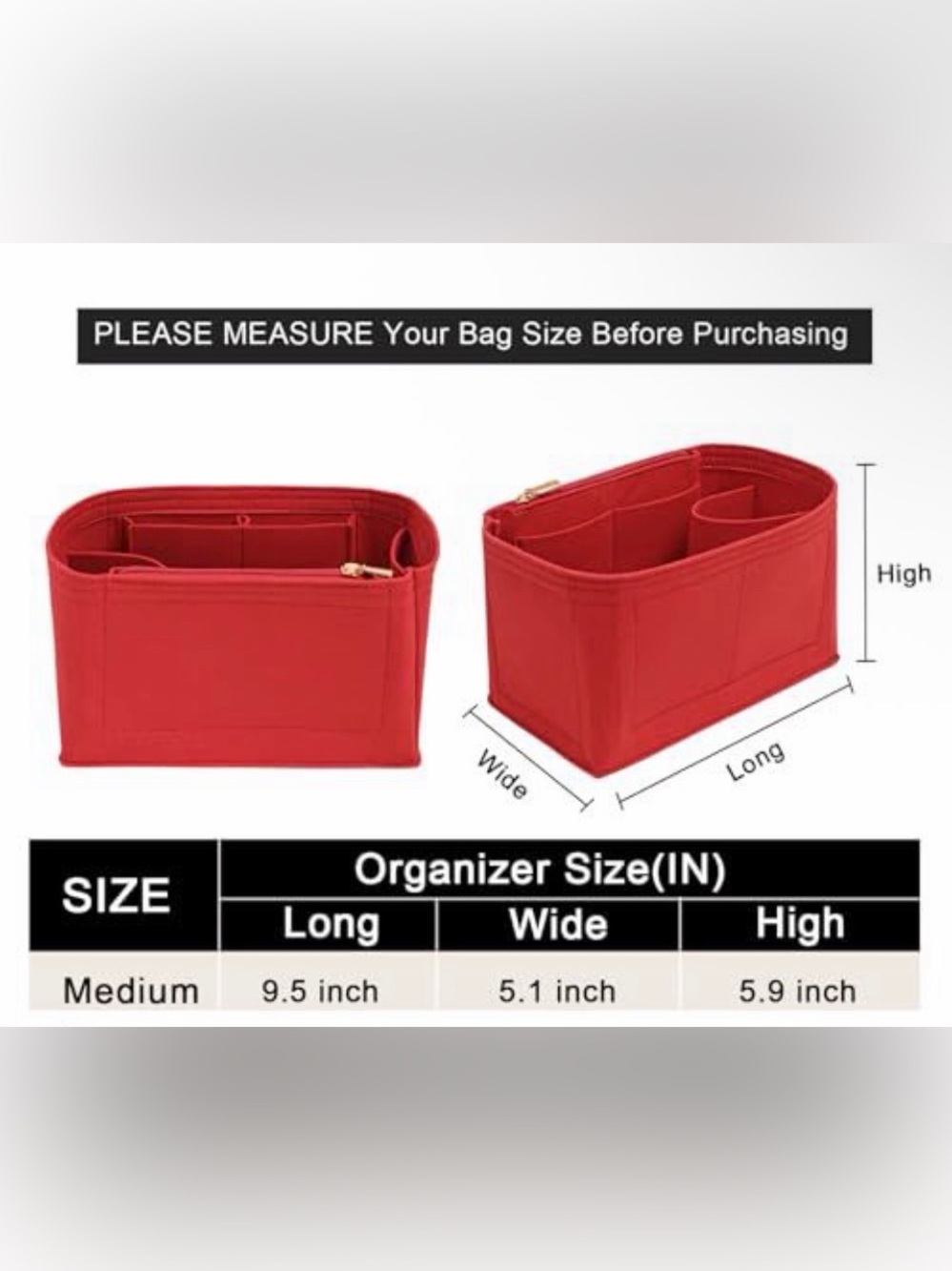Women Bag Organizer Insert - Red Felt Purse Organizer - Picture 4 of 4